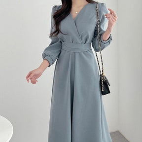 Simple Cross V-Neck Lace Up Bubble Sleeve Dress