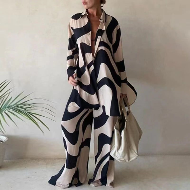 Urban Long Sleeves Wide Leg Printed Lapel Two Pieces Set