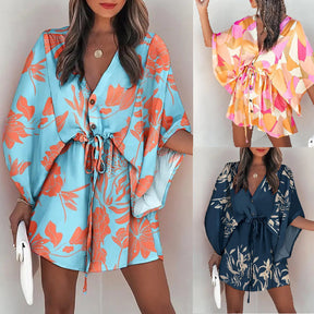 Women's V-Neck Tie Printed Beach Dress