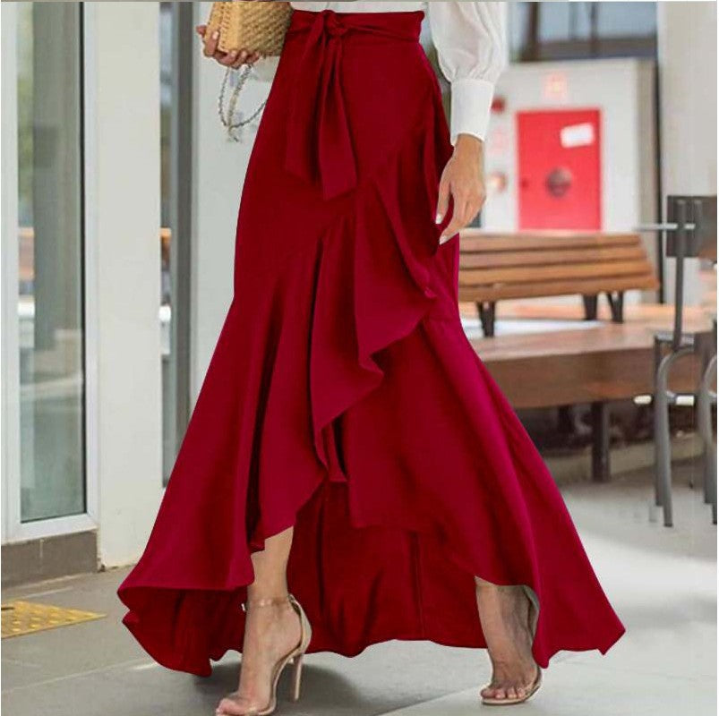 Belt Lace Sheath Fishtail High Waist Irregular Skirt