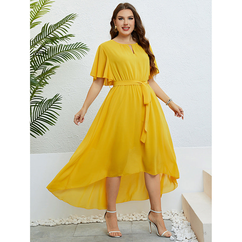 Yellow V-Neck Lace-Up Waist-Controlled Dress