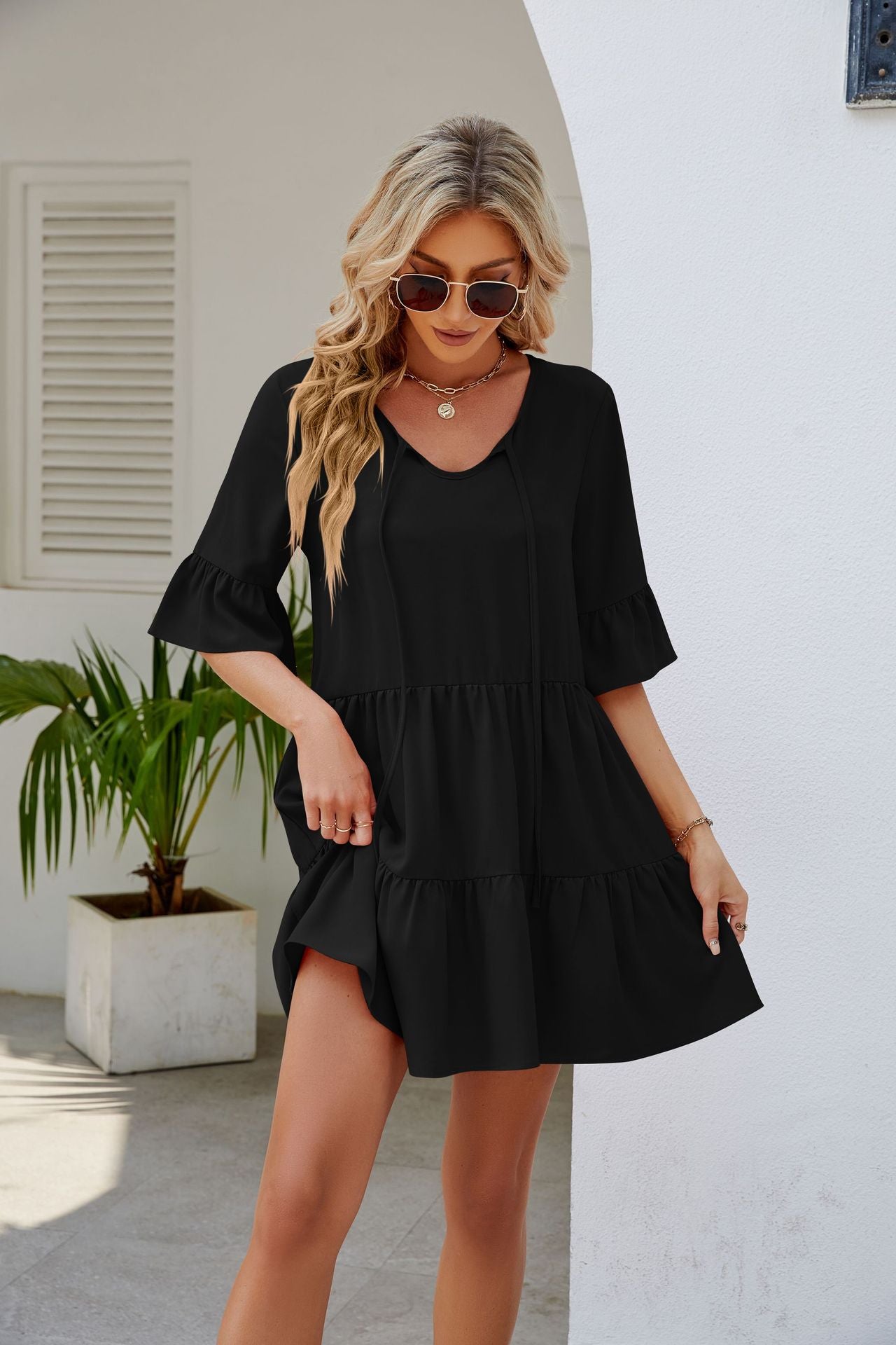 Pleated Ruffled Short Sleeve Lace-up Dress