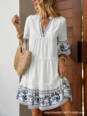 White and Blue Embroidery Dress