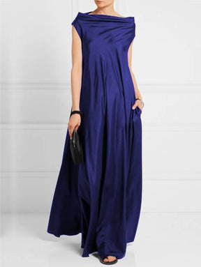 Loose Pleated Solid Color Boat Neck Maxi Dresses