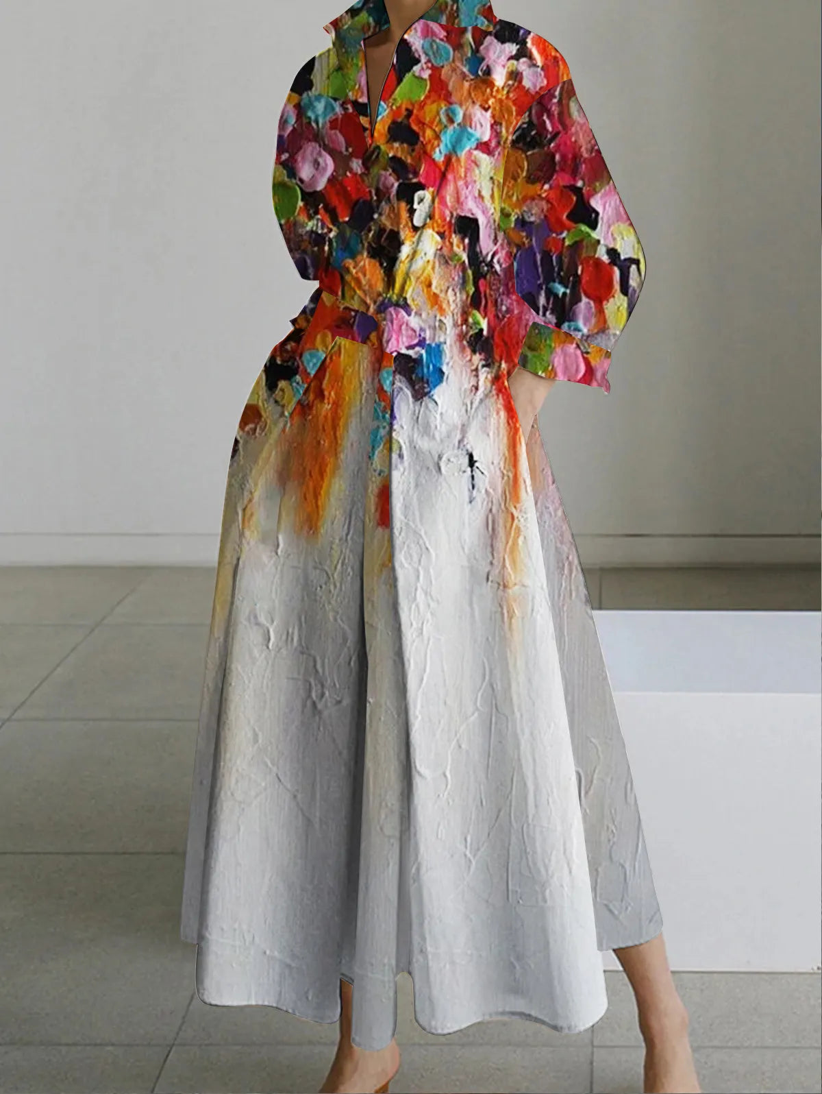 Elegant Lapel Oil Painting Button Midi Dress