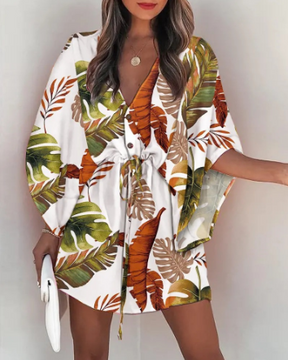 Women's V-Neck Tie Printed Beach Dress