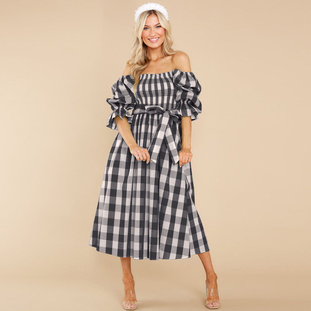 Slim One-neck Off-the-shoulder Plaid Print Beach Dress