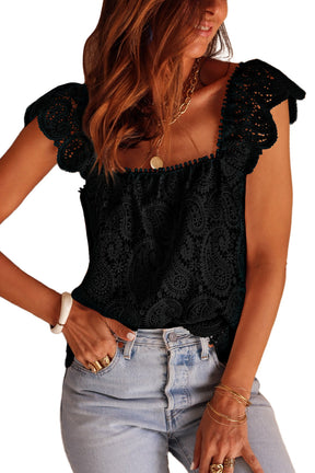 Hollow Lace Crochet Ruffled Square Collar Top