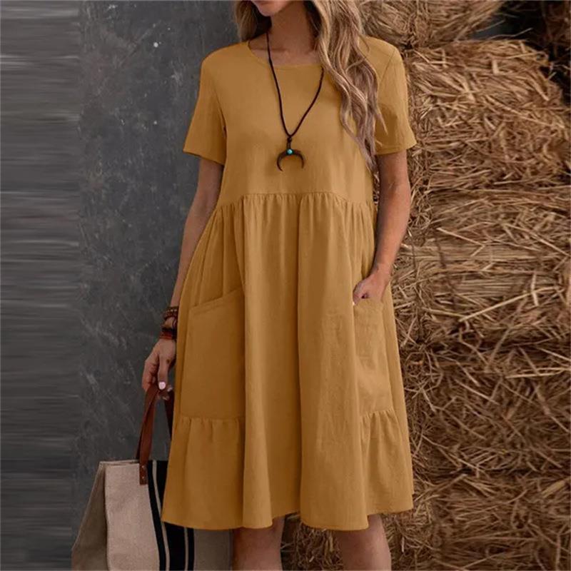 Summer Cotton And Linen Loose Round Neck Dress