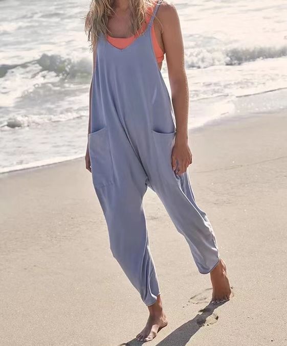 Spaghetti Strap Long Pant Jumpsuit With Pockets Zipper