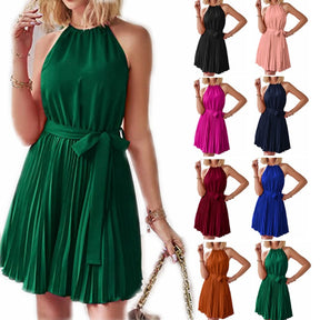 Women Solid Pleated Skirt Sundress