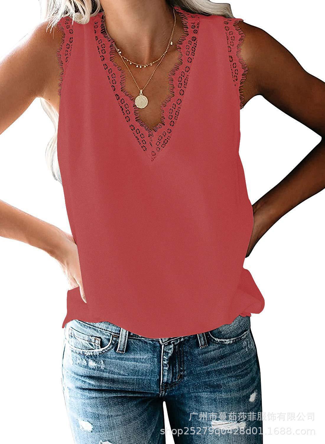 V-neck Lashes Lace Sleeveless Loose Top