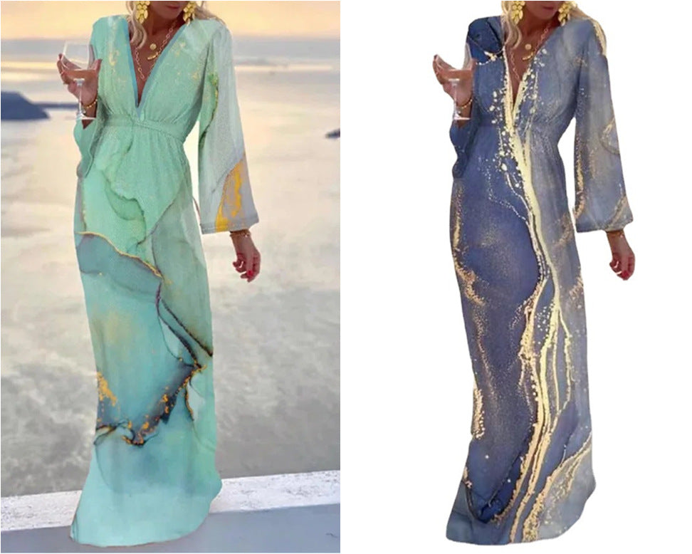 Printed V-Neck Chiffon Sleeve Waistband Beach Dress