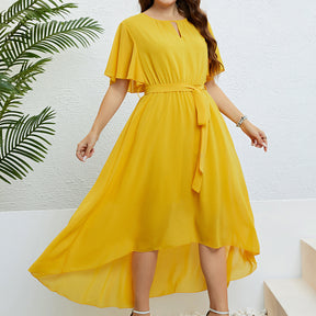 Yellow V-Neck Lace-Up Waist-Controlled Dress