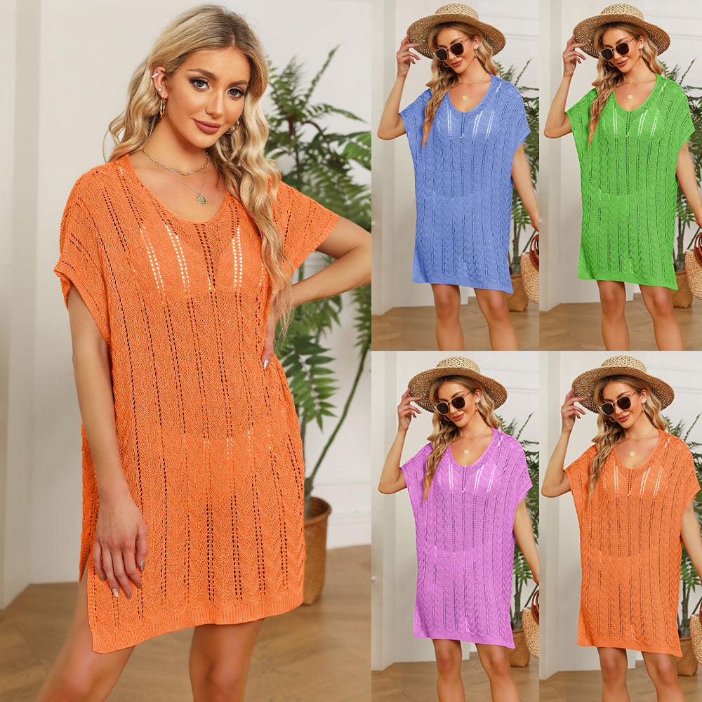 Solid Color Hollow Beach Dress