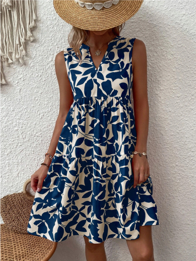 Summer Beach Loose Pleated Print Dress For Women