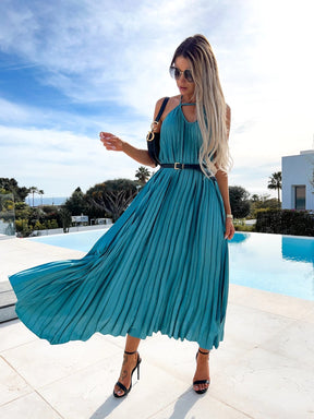 Pleated Bohemian Maxi Dress With Belt