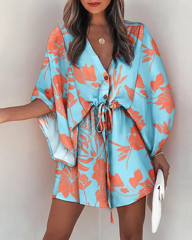 Women's V-Neck Tie Printed Beach Dress