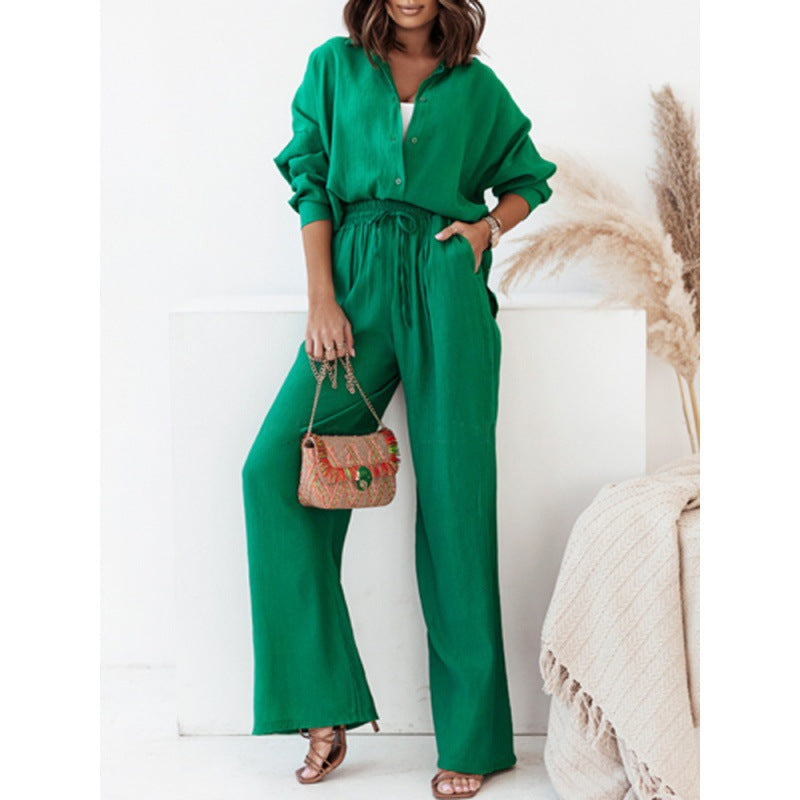 Loose Elastic Wrinkle Long-Sleeved Shirt With Wide-leg Pants