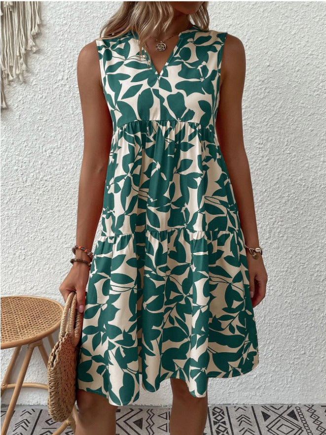 Summer Beach Loose Pleated Print Dress For Women