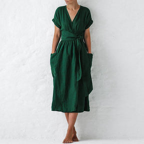 Short Sleeve V-Neck Linen Dress