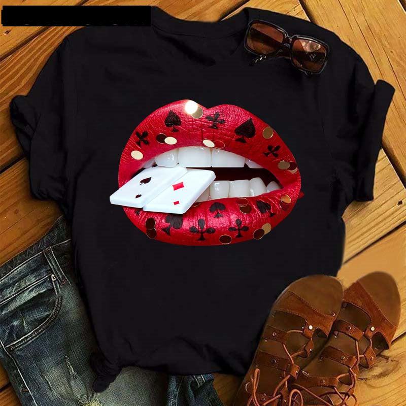 Poker Spades Sequin Lip Print Loose Short Sleeves