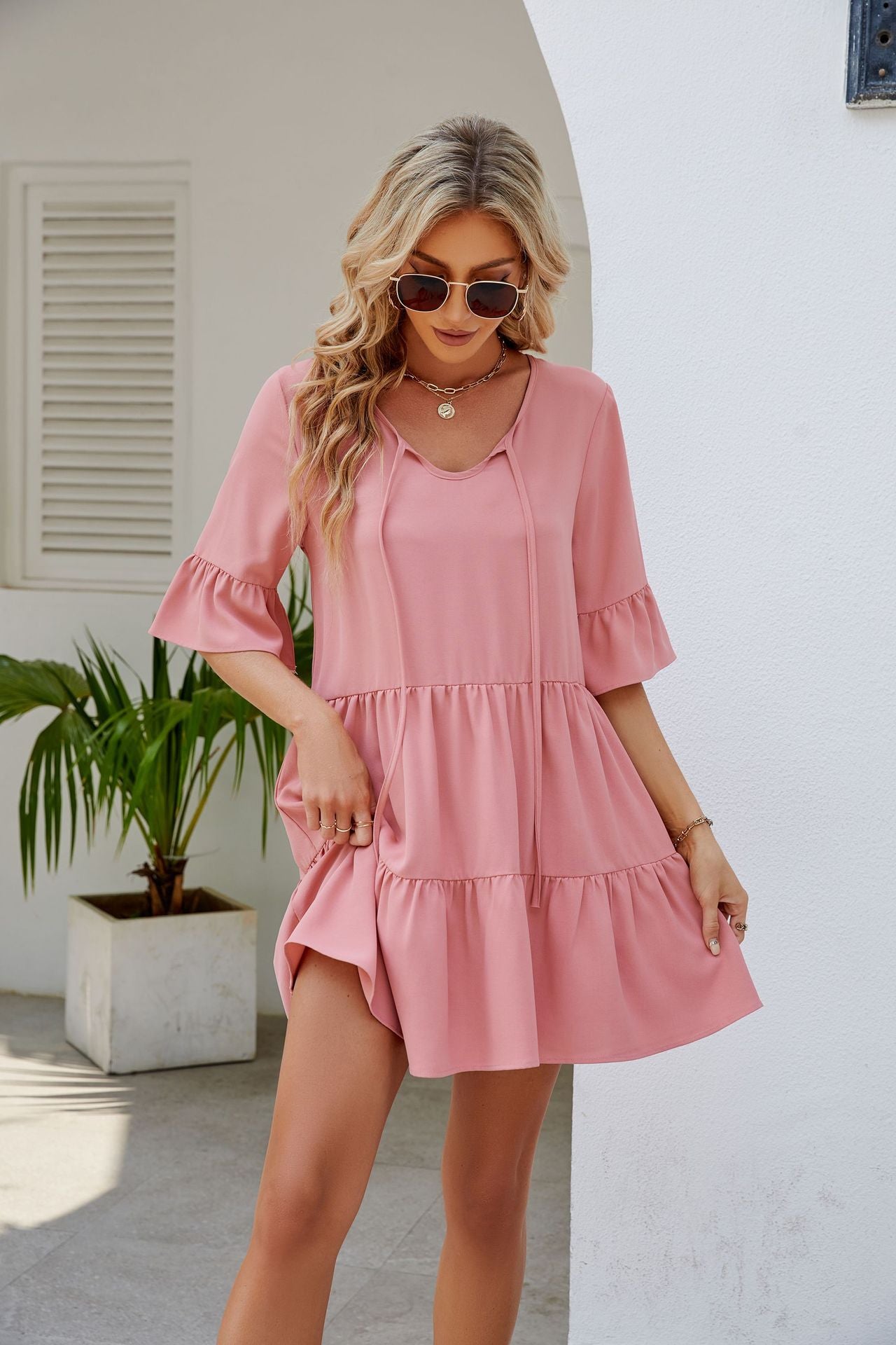 Pleated Ruffled Short Sleeve Lace-up Dress