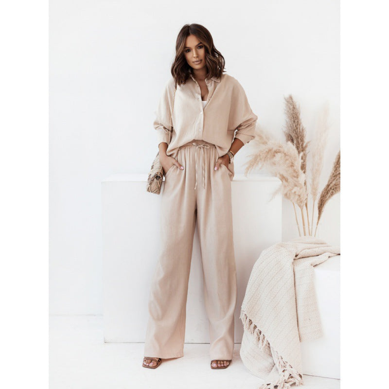 Loose Elastic Wrinkle Long-Sleeved Shirt With Wide-leg Pants