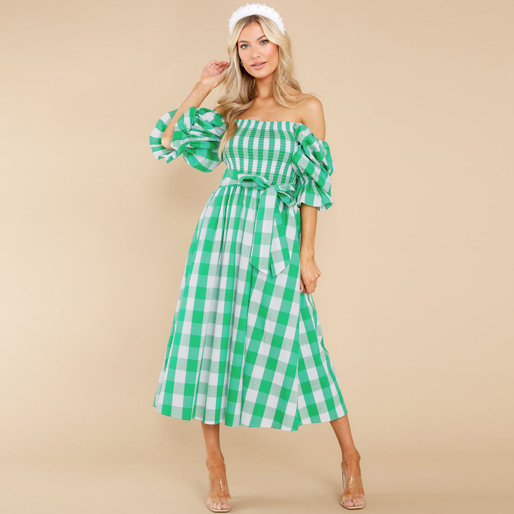 Slim One-neck Off-the-shoulder Plaid Print Beach Dress