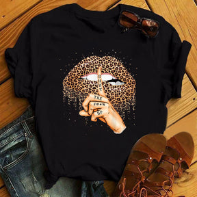 Poker Spades Sequin Lip Print Loose Short Sleeves