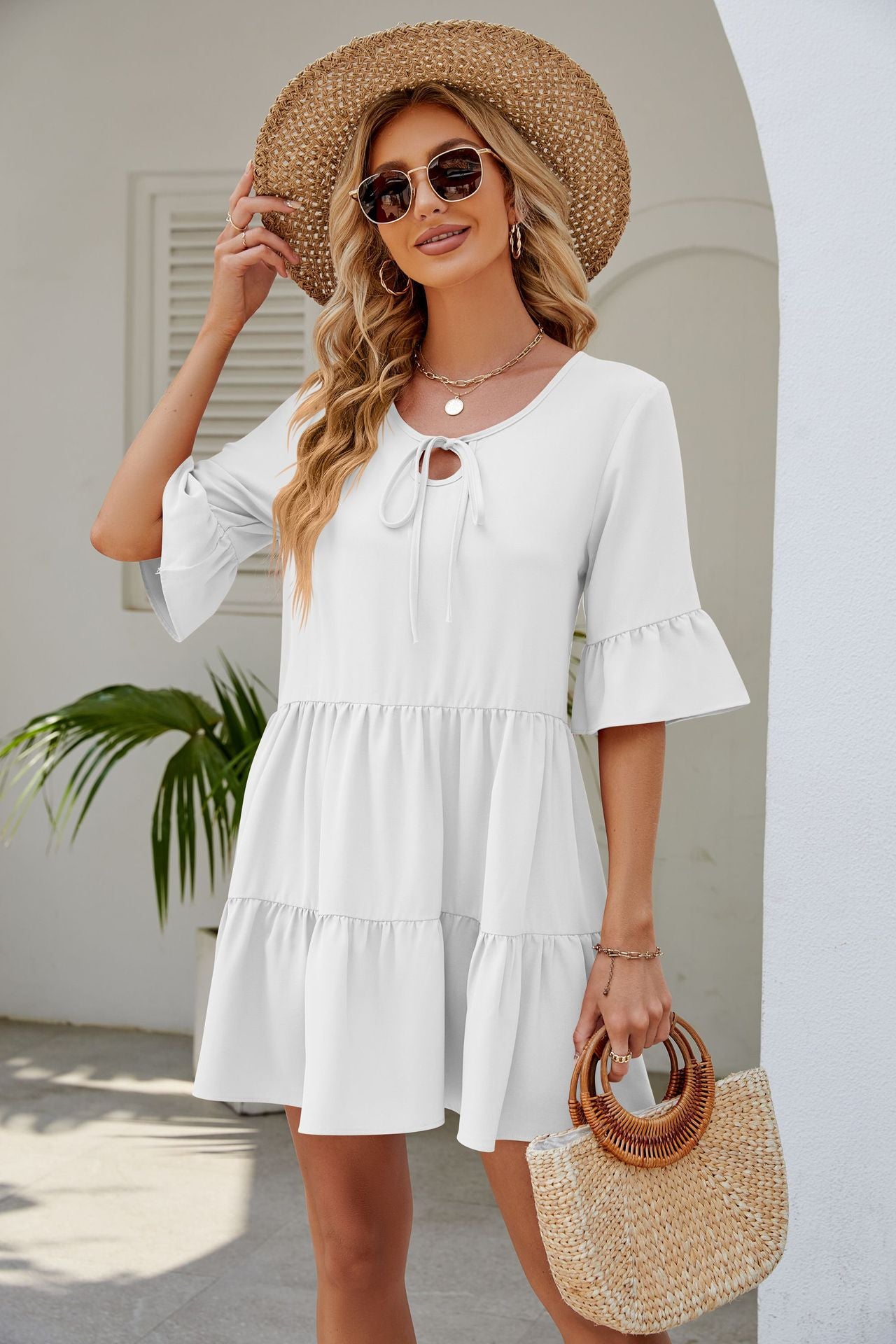 Pleated Ruffled Short Sleeve Lace-up Dress