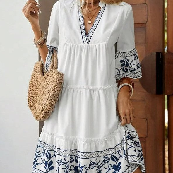 White and Blue Embroidery Dress